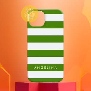 Coque Pour iPhone 15 Kelly Green et White Stried Motif Nom personnalisé