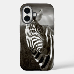 Coques iPhone 16 Kenya. Noir et blanc de zèbre et plaine.