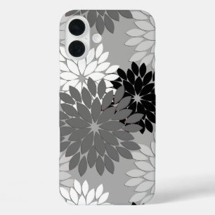 Coques iPhone 16 Plus Kimono floral moderne Imprimer, gris, noir et blan
