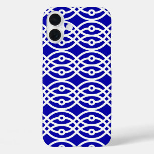 Coques iPhone 16 Plus Kimono imprimé, bleu cobalt et blanc
