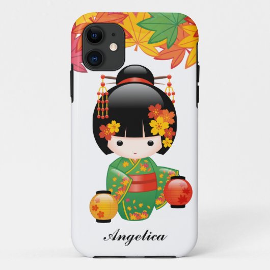 Coques Case-Mate iPhone Kimono Vert Automnal Poupée Kokeshi Feuilles d'Éra (Dos)