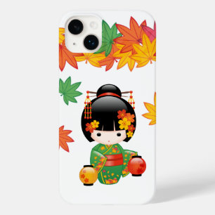 Coque Pour iPhone 14 Plus Kimono Vert Automnal Poupée Kokeshi Feuilles d'Éra