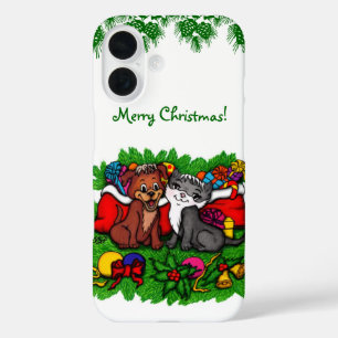 Coques iPhone 16 Kitty et chiot, Happy XMas