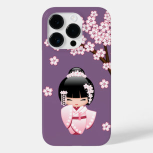 Coque Pour iPhone 14 Pro Kokeshi Doll au kimono rose sur fond violet