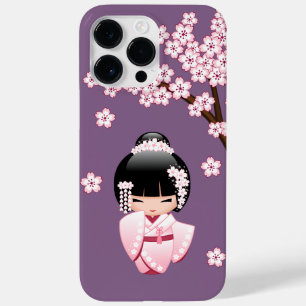 Coque Pour Pour iPhone 14 Pro Max Kokeshi Doll en kimono rose sur fond violet