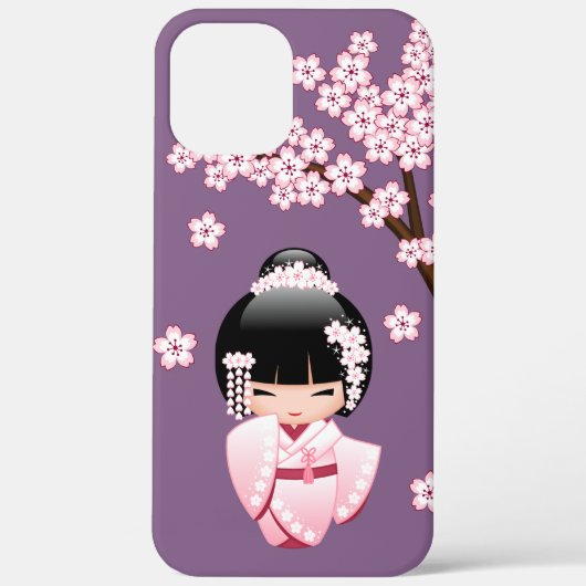 Coques Case-Mate iPhone Kokeshi Doll en kimono rose sur fond violet (Verso)