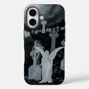 Coques iPhone 16 La nuit sur le cimetière - ange avec Corbeau
