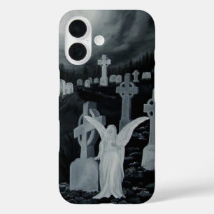 Coques iPhone 16 La nuit sur le cimetière - Angel avec Corbeau