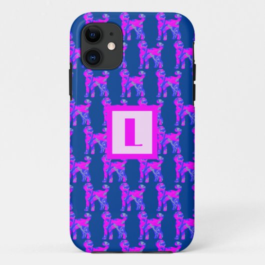 Coques Case-Mate iPhone Labradoodé Chien Silhouette rose Monogramme bleu (Dos)