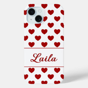 Coque Pour iPhone 15 Laila - Nom personnalisé - Coeurs rouges Polka Mot