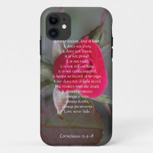 Coque iPhone 11 L'amour est patient, Corinthiens, bourgeon de rose