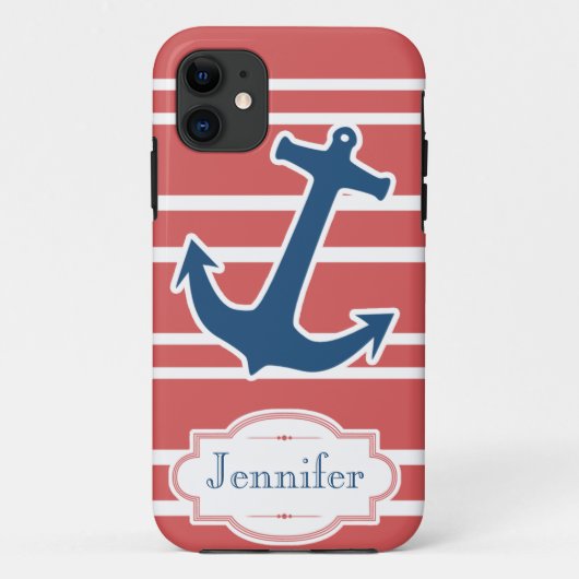 Coques Case-Mate iPhone L'Ancre nautique bleue avec le rouge barre le (Dos)
