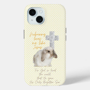 Coque Pour iPhone 15 Lapin adorable chrétien à pois jaunes et croix flo