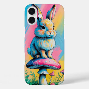 Coques iPhone 16 Plus Lapin jouant sur champignon Art animal coloré