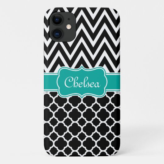 Coques Case-Mate iPhone Lattice noir / Chevron Motif Nom Turquoise (Dos)