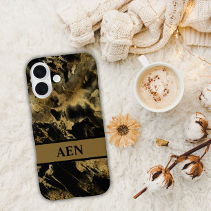 Coques iPhone 16 Lavage à l'aquarelle de marbre noir et or Monogram
