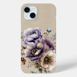 COQUE iPhone 15 MINI LAVANDE VIOLET ET BRUN FLEURS D'AUTOMNE ET CITROUI