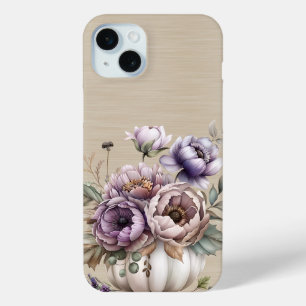 COQUE iPhone 15 MINI LAVENDER PURPLE & TAN FLOWWERS ET CITROUILLES