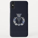 Coques Pour iPhone Le chardon écossais à la mode Chrome<br><div class="desc">Un chromage argenté comme Scottish thistle appliqué sur un arrière - plan d'impression bleu marine en fibre de carbone pour un superbe cadeau personnalisé en peau d'appareil. Les motifs de broderie sont disponibles dans une sélection d'options de couleurs populaires. Utilisez le lien "Demandez à ce concepteur" pour nous contacter pour...</div>