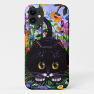 Coque iPhone 11 Le chat floral de smoking de noir d'art fleurit