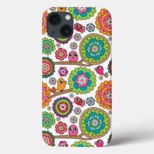 iPhone 13 Case le griffonnage fleurit le motif d'arrière - plan
