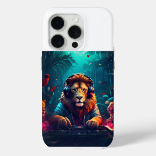 Coque iPhone 15 Pro le lion dj jouant de la musique dans la jungle
