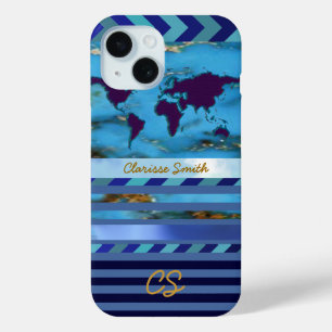 Coque Pour iPhone 15 le monde, rayures & nom sur bleu turquoise
