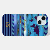 Coques Case-Mate iPhone le monde, rayures & nom sur bleu turquoise (Verso (horizontal))
