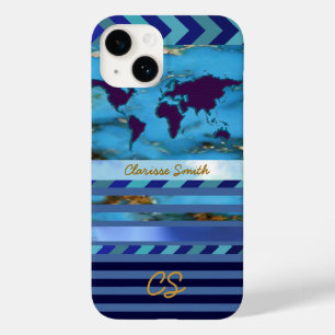 Coques Pour iPhone le monde, rayures & nom sur bleu turquoise