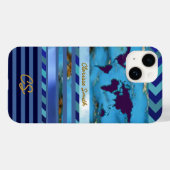 Coques Case-Mate iPhone le monde, rayures & nom sur bleu turquoise (Verso (horizontal))