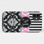 COQUES Case-Mate iPhone LE NOIR ROSE GIRLY BARRE LE MONOGRAMME DE DAMASSÉ (Dos (Horizontal))