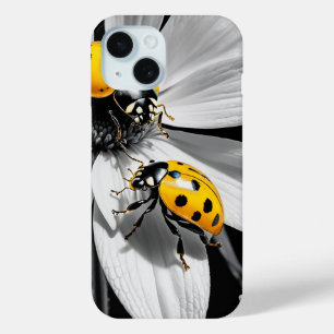 Coque Pour iPhone 15 Le scarabée jaune sur la fleur blanche noire