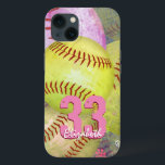 Etui iPhone 13 Le softball personnalisé de la fille<br><div class="desc">Coque iphone de softball féminin avec softballs rose et jaune vif et numéro et nom de maillot personnalisable par katz_d_zynes ::: également disponible pour d'autres modèles iPhone ainsi que les appareils iPad et Samsung ... pour d'autres appareils, sélectionnez votre type de périphérique dans la section "Options de style" de cette...</div>