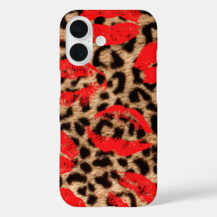 Coques iPhone 16 Leopard Kiss rouge à lèvres baisers