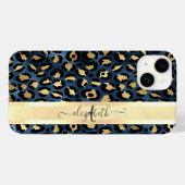 Coques Case-Mate iPhone Léopard Motif bleu or Monogramme (Verso (horizontal))