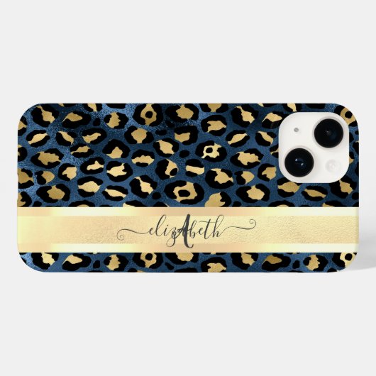 Coques Case-Mate iPhone Léopard Motif bleu or Monogramme (Verso (horizontal))