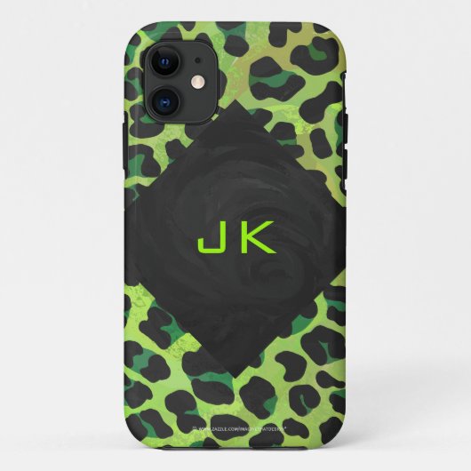 Coques Case-Mate iPhone Léopard noir et vert avec Monogramme (Dos)