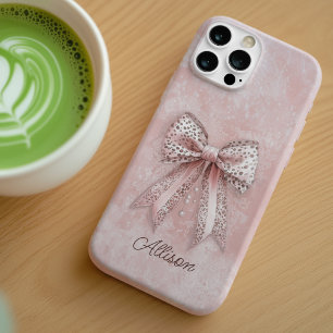 Coques iPhone 16 Léopard Rose Pailleté Élégant Ruban Nom Personnali