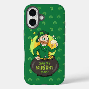 Coques iPhone 16 Leprechaun de dessin dans une casserole d'or tenan