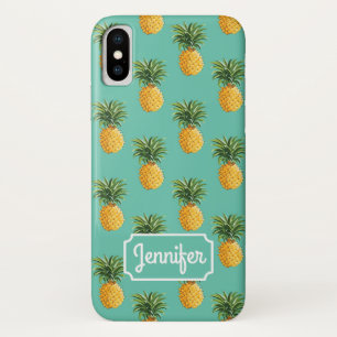 Coque iPhone X Les ananas tropicaux sur Teal ajoutent votre nom
