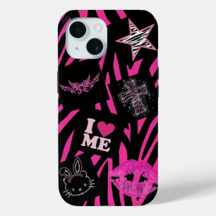 Coque Pour iPhone 15 Les années 2000 à la mode rose et noir