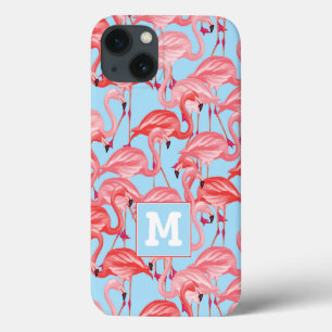 iPhone 13 Coque Les Flamants roses roses lumineux sur le bleu