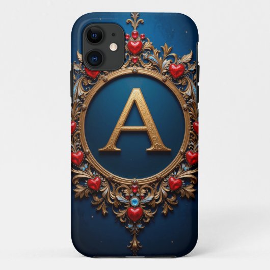 Coques Case-Mate iPhone Lettre A dorée élégante entourée de cœurs (Dos)