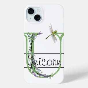 Coque iPhone 15 Mini Lettre alphabétique U, aquarelle Lavender Dragonfl
