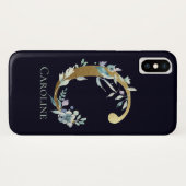 Coques Case-Mate iPhone Lettre C Monogramme Doré Fleurs Bleu Marine Nom (Dos (Horizontal))