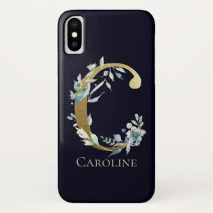 Case-Mate iPhone Case Lettre C Monogramme Doré Fleurs Bleu Marine Nom