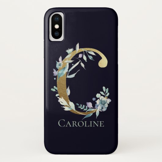 Coques Case-Mate iPhone Lettre C Monogramme Doré Fleurs Bleu Marine Nom (Dos)