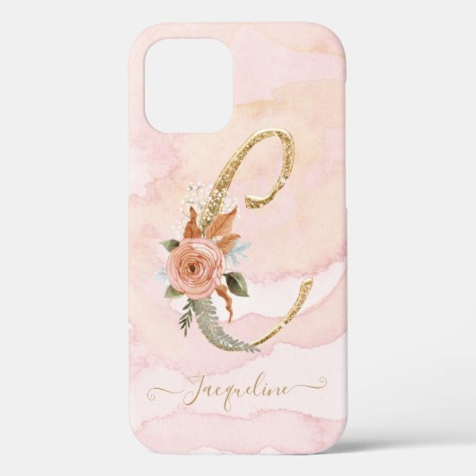 Coques Case-Mate iPhone Lettre C Monogramme or Script Aquarelle Florale (Verso)