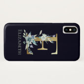 Coques Case-Mate iPhone Lettre E Monogramme Doré Fleur Bleue Nom Floral (Dos (Horizontal))
