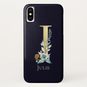 Case-Mate iPhone Case Lettre J Monogramme Doré Fleurs Bleu Marine Nom